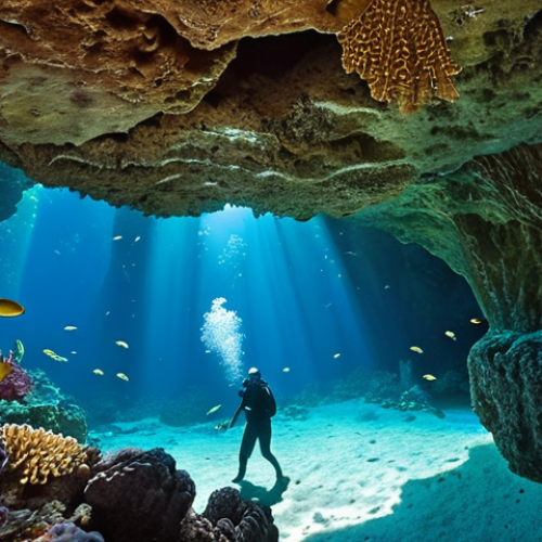 Home 4 **Image Prompt:** A vibrant underwater scene in Thunderball Grotto, Bahamas. Sunlight streams through openings in the cave ceiling, illuminating colorful coral reefs and schools of tropical fish. A silhouette of a snorkeler explores the cave.