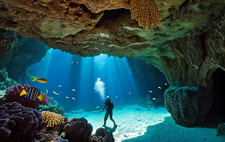 **Image Prompt:** A vibrant underwater scene in Thunderball Grotto, Bahamas. Sunlight streams through openings in the cave ceiling, illuminating colorful coral reefs and schools of tropical fish. A silhouette of a snorkeler explores the cave.